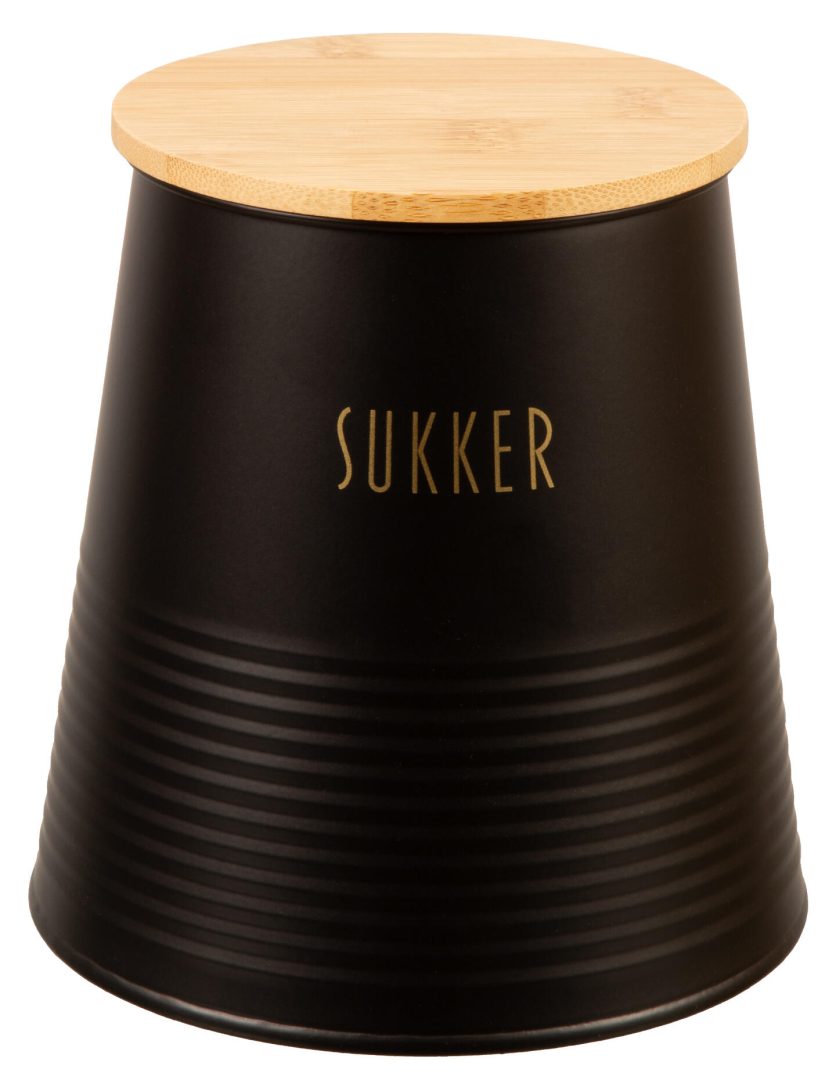 Boks Sukker sort metall m/bambus h:14cm