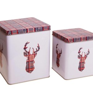Boks metall rutet beige hjort s/2 12x12x14cm 15,5x15,5x18cm