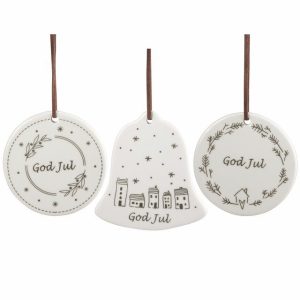 Julepynt «God Jul» – 3 assorterte, hvite